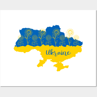 Map of Ukraine decorated with sunflower in Ukrainian flag colors and lettering Posters and Art